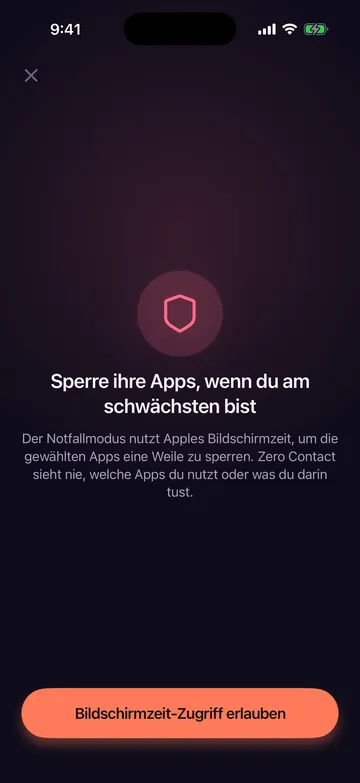 Notfallmodus-Bildschirm von Zero Contact, der erklärt, wie er Apples Bildschirmzeit nutzt, um ausgewählte Apps zu sperren