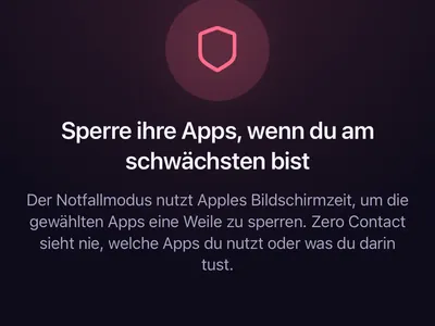 Notfallmodus-Bildschirm von Zero Contact Pro, der ausgewählte Apps mit Apples Bildschirmzeit sperrt