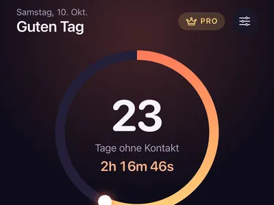 Startbildschirm der App Zero Contact mit einer Kontaktsperre-Serie von 23 Tagen