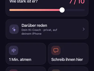 Kostenloser SOS-Bildschirm der App Zero Contact mit Drang-Regler und Werkzeugen zum Atmen, Schreiben und Freunde anschreiben