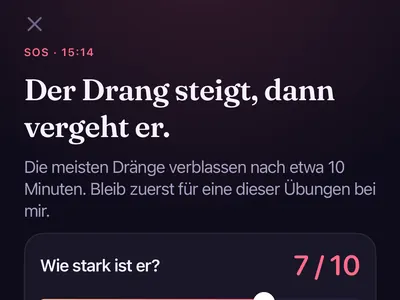 SOS-Bildschirm von Zero Contact mit Regler für die Stärke des Drangs und Werkzeugen zum Atmen, Schreiben oder Freunde anschreiben