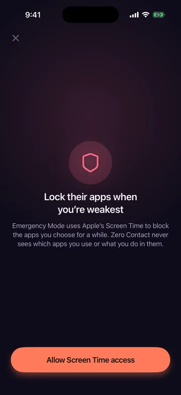 Zero Contact Emergency Mode screen explaining how it uses Apple Screen Time to block the apps you choose