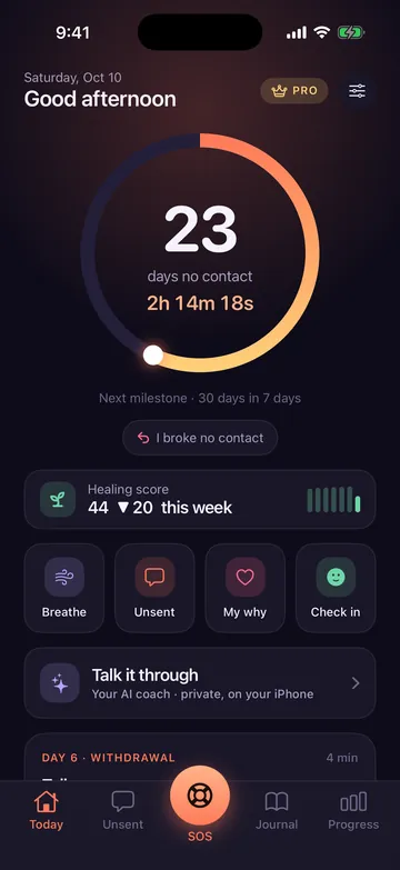 Zero Contact app home screen showing a live no contact streak of 23 days