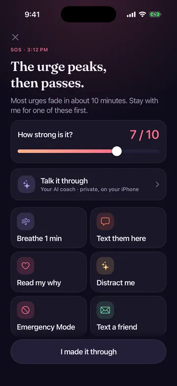 Zero Contact SOS screen with an urge strength slider and tools to breathe, write or text a friend