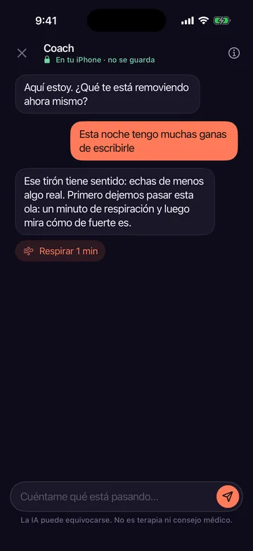 Coach con IA de Zero Contact respondiendo a alguien que quiere escribir a su ex y proponiendo un minuto de respiración