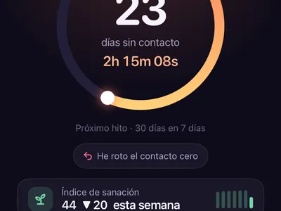 Pantalla Hoy de la app de contacto cero Zero Contact con una racha de 23 días, índice de sanación y botón SOS