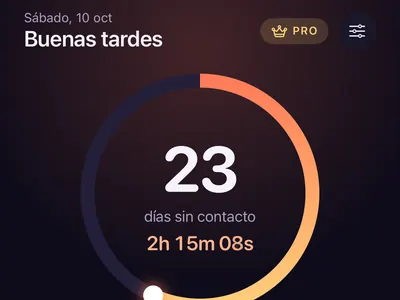 Pantalla de inicio de la app Zero Contact con una racha de contacto cero de 23 días