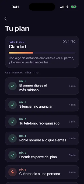 Plan de 90 días de Zero Contact con lecciones diarias como El primer día es el más ruidoso y Silenciar, no anunciar
