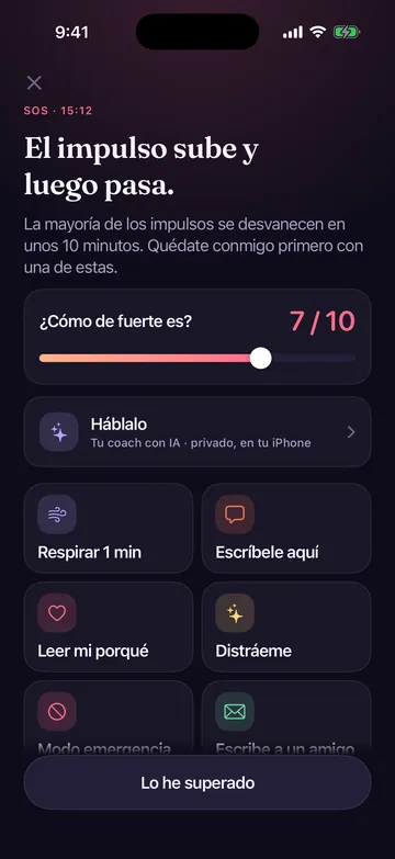Pantalla SOS de Zero Contact con un control de intensidad del impulso y herramientas para respirar, escribir o hablar con un amigo