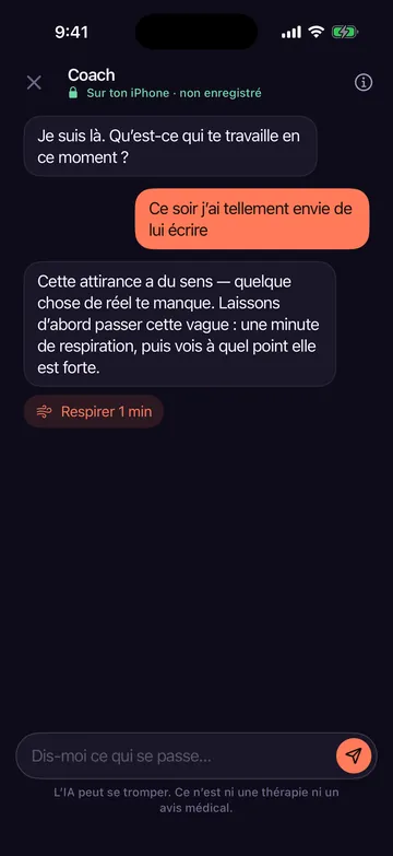 Conversation avec le coach IA de Zero Contact répondant à quelqu’un qui veut écrire à son ex ce soir