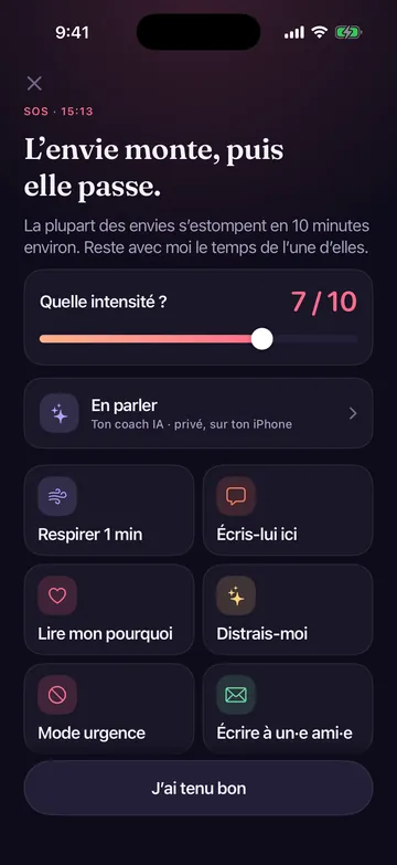 Écran SOS de Zero Contact avec un curseur d’intensité de l’envie et des outils pour respirer, écrire ou contacter un ami