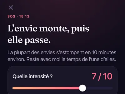 Écran SOS de Zero Contact avec un curseur d’intensité de l’envie et des outils pour respirer, écrire ou contacter un ami