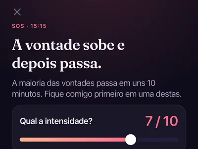 Tela SOS do Zero Contact com controle de intensidade do impulso e ferramentas para respirar, escrever ou falar com um amigo